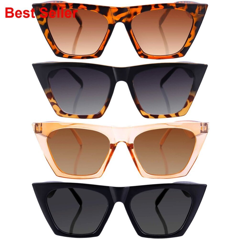 4-Pack Retro Cat Eye Sunglasses, Oversized Square Frames, Polarized Lenses